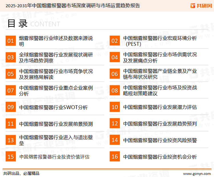 为确保烟雾报警器行业数据精准性以及内容的可参考价值，共研产业研究院团队通过上市公司年报、厂家调研、经销商座谈、专家验证等多渠道开展数据采集工作，并运用共研自主建立的产业分析模型，结合市场、行业和厂商进行深度剖析，能够反映当前市场现状、热点、动态及未来趋势，使从业者能够从多种维度、多个侧面综合了解当前烟雾报警器行业的发展态势。