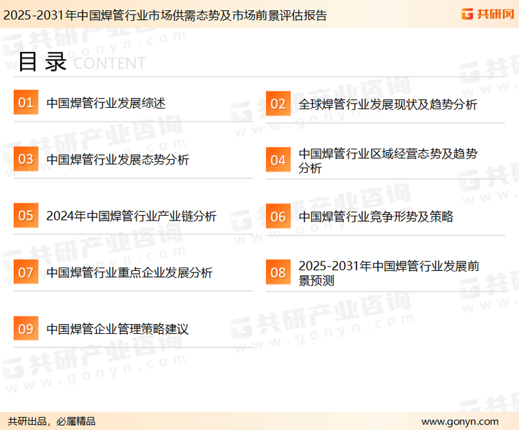 为确保焊管行业数据精准性以及内容的可参考价值，共研产业研究院团队通过上市公司年报、厂家调研、经销商座谈、专家验证等多渠道开展数据采集工作，并运用共研自主建立的产业分析模型，结合市场、行业和厂商进行深度剖析，能够反映当前市场现状、热点、动态及未来趋势，使从业者能够从多种维度、多个侧面综合了解当前焊管行业的发展态势。