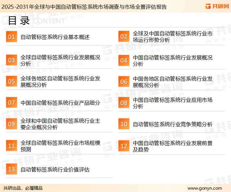 为确保自动管标签系统行业数据精准性以及内容的可参考价值，共研产业研究院团队通过上市公司年报、厂家调研、经销商座谈、专家验证等多渠道开展数据采集工作，并运用共研自主建立的产业分析模型，结合市场、行业和厂商进行深度剖析，能够反映当前市场现状、热点、动态及未来趋势，使从业者能够从多种维度、多个侧面综合了解当前自动管标签系统行业的发展态势。
