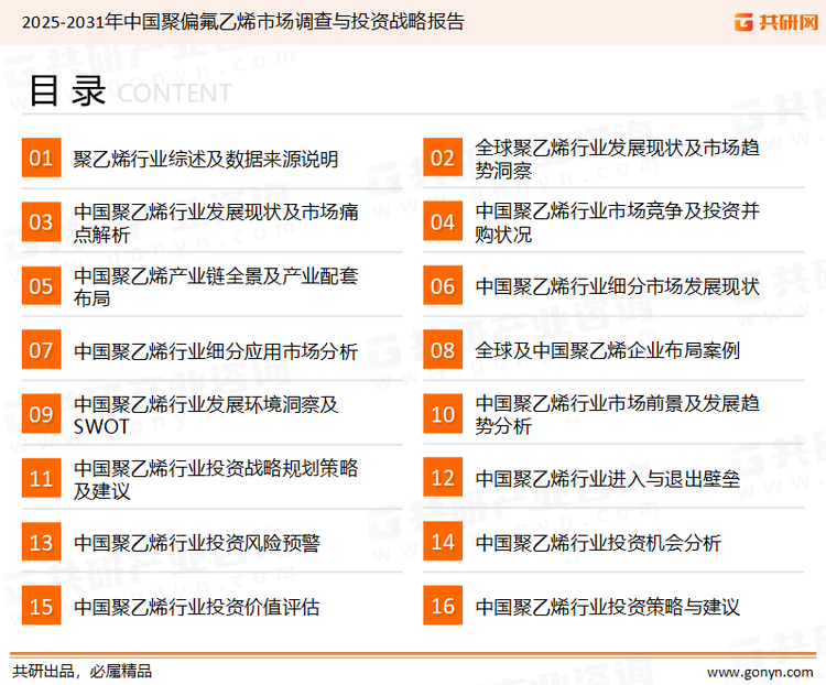 为确保聚偏氟乙烯行业数据精准性以及内容的可参考价值，共研产业研究院团队通过上市公司年报、厂家调研、经销商座谈、专家验证等多渠道开展数据采集工作，并运用共研自主建立的产业分析模型，结合市场、行业和厂商进行深度剖析，能够反映当前市场现状、热点、动态及未来趋势，使从业者能够从多种维度、多个侧面综合了解当前聚偏氟乙烯行业的发展态势。