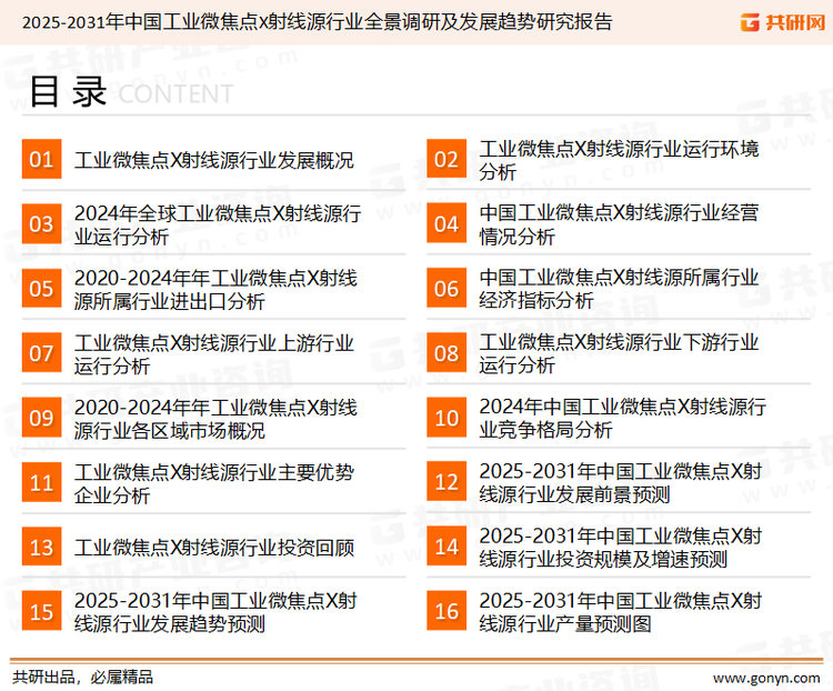 为确保工业微焦点X射线源行业数据精准性以及内容的可参考价值，共研产业研究院团队通过上市公司年报、厂家调研、经销商座谈、专家验证等多渠道开展数据采集工作，并运用共研自主建立的产业分析模型，结合市场、行业和厂商进行深度剖析，能够反映当前市场现状、热点、动态及未来趋势，使从业者能够从多种维度、多个侧面综合了解当前工业微焦点X射线源行业的发展态势。