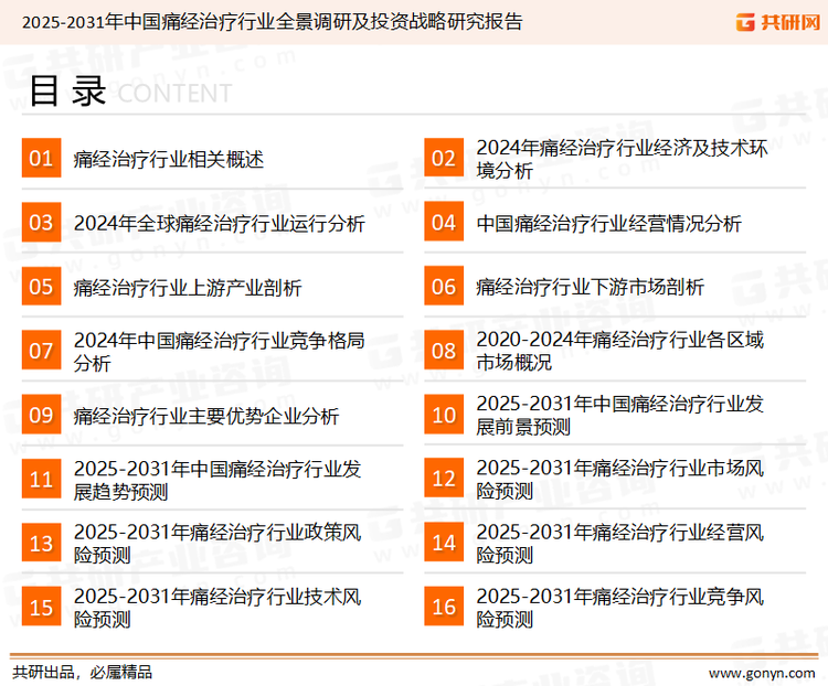 为确保痛经治疗行业数据精准性以及内容的可参考价值，共研产业研究院团队通过上市公司年报、厂家调研、经销商座谈、专家验证等多渠道开展数据采集工作，并运用共研自主建立的产业分析模型，结合市场、行业和厂商进行深度剖析，能够反映当前市场现状、热点、动态及未来趋势，使从业者能够从多种维度、多个侧面综合了解当前痛经治疗行业的发展态势。
