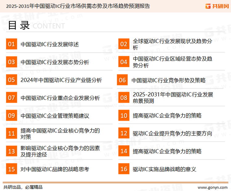 为确保驱动IC行业数据精准性以及内容的可参考价值，共研产业研究院团队通过上市公司年报、厂家调研、经销商座谈、专家验证等多渠道开展数据采集工作，并运用共研自主建立的产业分析模型，结合市场、行业和厂商进行深度剖析，能够反映当前市场现状、热点、动态及未来趋势，使从业者能够从多种维度、多个侧面综合了解当前驱动IC行业的发展态势。