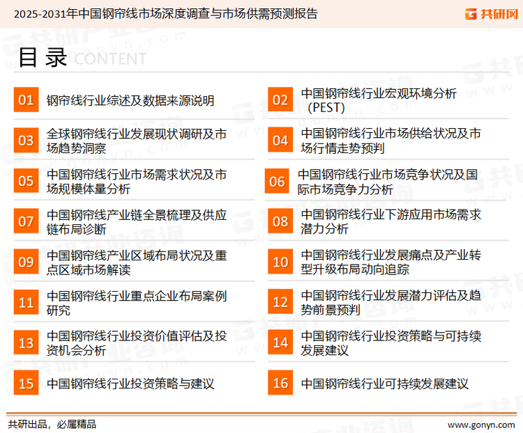 为确保钢帘线行业数据精准性以及内容的可参考价值，共研产业研究院团队通过上市公司年报、厂家调研、经销商座谈、专家验证等多渠道开展数据采集工作，并运用共研自主建立的产业分析模型，结合市场、行业和厂商进行深度剖析，能够反映当前市场现状、热点、动态及未来趋势，使从业者能够从多种维度、多个侧面综合了解当前钢帘线行业的发展态势。