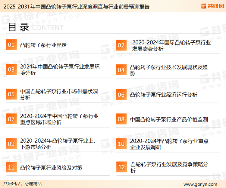 为确保凸轮转子泵行业数据精准性以及内容的可参考价值，共研产业研究院团队通过上市公司年报、厂家调研、经销商座谈、专家验证等多渠道开展数据采集工作，并运用共研自主建立的产业分析模型，结合市场、行业和厂商进行深度剖析，能够反映当前市场现状、热点、动态及未来趋势，使从业者能够从多种维度、多个侧面综合了解当前凸轮转子泵行业的发展态势。