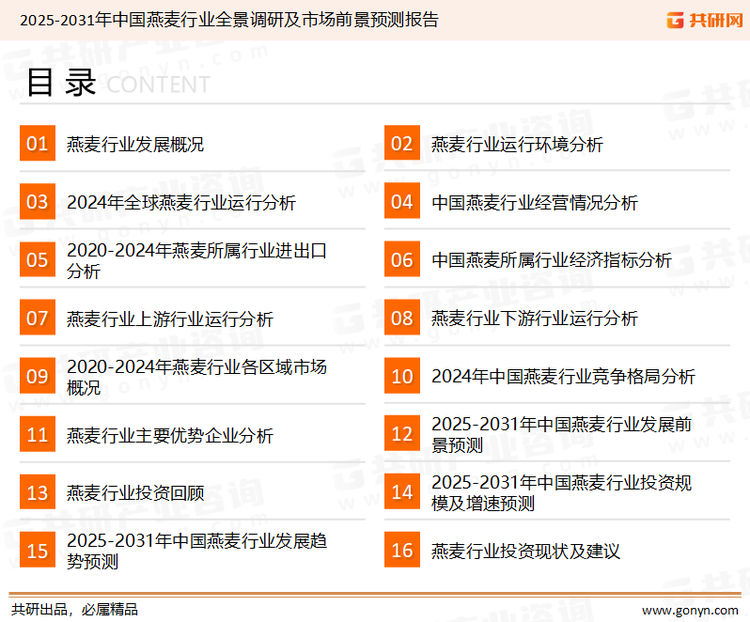为确保燕麦行业数据精准性以及内容的可参考价值，共研产业研究院团队通过上市公司年报、厂家调研、经销商座谈、专家验证等多渠道开展数据采集工作，并运用共研自主建立的产业分析模型，结合市场、行业和厂商进行深度剖析，能够反映当前市场现状、热点、动态及未来趋势，使从业者能够从多种维度、多个侧面综合了解当前燕麦行业的发展态势。