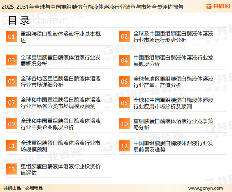 为确保重组胰蛋白酶液体溶液行业数据精准性以及内容的可参考价值，共研产业研究院团队通过上市公司年报、厂家调研、经销商座谈、专家验证等多渠道开展数据采集工作，并运用共研自主建立的产业分析模型，结合市场、行业和厂商进行深度剖析，能够反映当前市场现状、热点、动态及未来趋势，使从业者能够从多种维度、多个侧面综合了解当前重组胰蛋白酶液体溶液行业的发展态势。