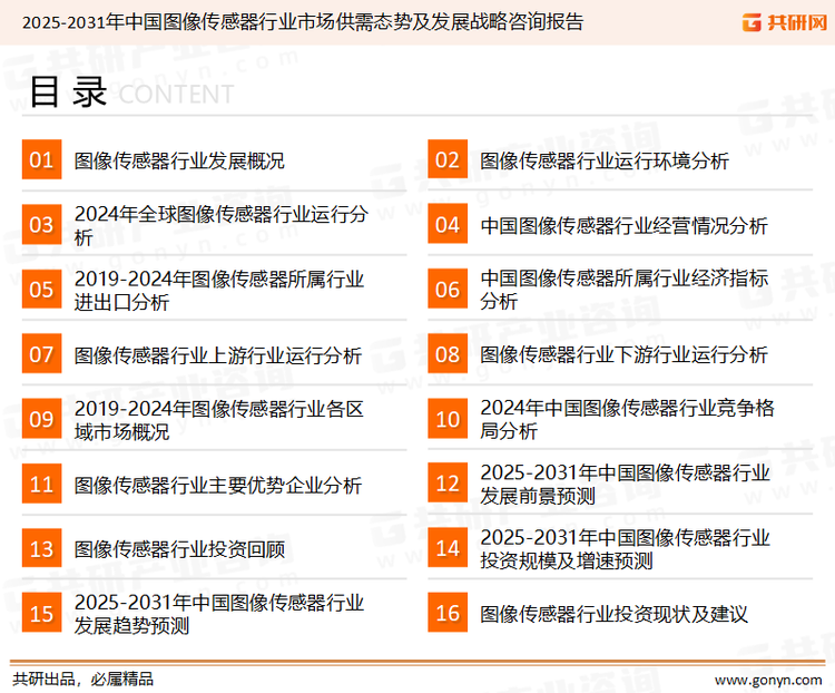 为确保图像传感器行业数据精准性以及内容的可参考价值，共研产业研究院团队通过上市公司年报、厂家调研、经销商座谈、专家验证等多渠道开展数据采集工作，并运用共研自主建立的产业分析模型，结合市场、行业和厂商进行深度剖析，能够反映当前市场现状、热点、动态及未来趋势，使从业者能够从多种维度、多个侧面综合了解当前图像传感器行业的发展态势。