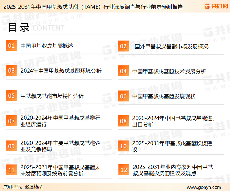 为确保甲基叔戊基醚行业数据精准性以及内容的可参考价值，共研产业研究院团队通过上市公司年报、厂家调研、经销商座谈、专家验证等多渠道开展数据采集工作，并运用共研自主建立的产业分析模型，结合市场、行业和厂商进行深度剖析，能够反映当前市场现状、热点、动态及未来趋势，使从业者能够从多种维度、多个侧面综合了解当前甲基叔戊基醚行业的发展态势。