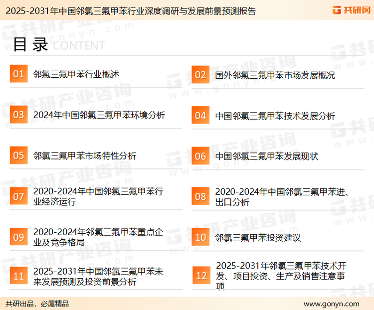 为确保邻氯三氟甲苯行业数据精准性以及内容的可参考价值，共研产业研究院团队通过上市公司年报、厂家调研、经销商座谈、专家验证等多渠道开展数据采集工作，并运用共研自主建立的产业分析模型，结合市场、行业和厂商进行深度剖析，能够反映当前市场现状、热点、动态及未来趋势，使从业者能够从多种维度、多个侧面综合了解当前邻氯三氟甲苯行业的发展态势。