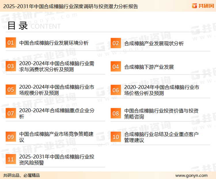 为确保合成樟脑行业数据精准性以及内容的可参考价值，共研产业研究院团队通过上市公司年报、厂家调研、经销商座谈、专家验证等多渠道开展数据采集工作，并运用共研自主建立的产业分析模型，结合市场、行业和厂商进行深度剖析，能够反映当前市场现状、热点、动态及未来趋势，使从业者能够从多种维度、多个侧面综合了解当前合成樟脑行业的发展态势。