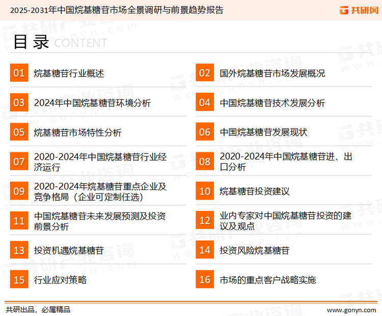 为确保烷基糖苷行业数据精准性以及内容的可参考价值，共研产业研究院团队通过上市公司年报、厂家调研、经销商座谈、专家验证等多渠道开展数据采集工作，并运用共研自主建立的产业分析模型，结合市场、行业和厂商进行深度剖析，能够反映当前市场现状、热点、动态及未来趋势，使从业者能够从多种维度、多个侧面综合了解当前烷基糖苷行业的发展态势。