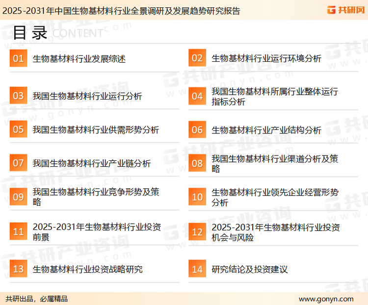为确保生物基材料行业数据精准性以及内容的可参考价值，共研产业研究院团队通过上市公司年报、厂家调研、经销商座谈、专家验证等多渠道开展数据采集工作，并运用共研自主建立的产业分析模型，结合市场、行业和厂商进行深度剖析，能够反映当前市场现状、热点、动态及未来趋势，使从业者能够从多种维度、多个侧面综合了解当前生物基材料行业的发展态势。