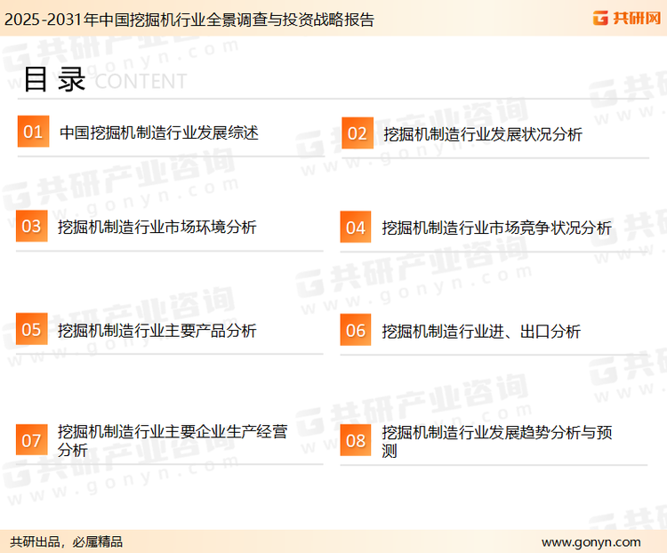 为确保挖掘机行业数据精准性以及内容的可参考价值，共研产业研究院团队通过上市公司年报、厂家调研、经销商座谈、专家验证等多渠道开展数据采集工作，并运用共研自主建立的产业分析模型，结合市场、行业和厂商进行深度剖析，能够反映当前市场现状、热点、动态及未来趋势，使从业者能够从多种维度、多个侧面综合了解当前挖掘机行业的发展态势。