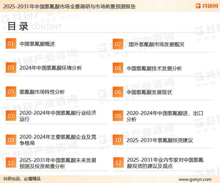 为确保氢氰酸行业数据精准性以及内容的可参考价值，共研产业研究院团队通过上市公司年报、厂家调研、经销商座谈、专家验证等多渠道开展数据采集工作，并运用共研自主建立的产业分析模型，结合市场、行业和厂商进行深度剖析，能够反映当前市场现状、热点、动态及未来趋势，使从业者能够从多种维度、多个侧面综合了解当前氢氰酸行业的发展态势。
