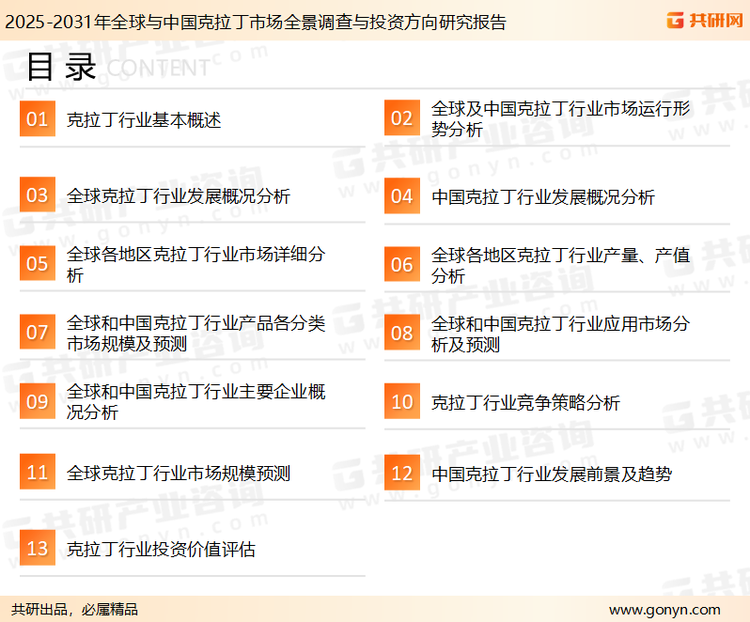 为确保克拉丁行业数据精准性以及内容的可参考价值，共研产业研究院团队通过上市公司年报、厂家调研、经销商座谈、专家验证等多渠道开展数据采集工作，并运用共研自主建立的产业分析模型，结合市场、行业和厂商进行深度剖析，能够反映当前市场现状、热点、动态及未来趋势，使从业者能够从多种维度、多个侧面综合了解当前克拉丁行业的发展态势。