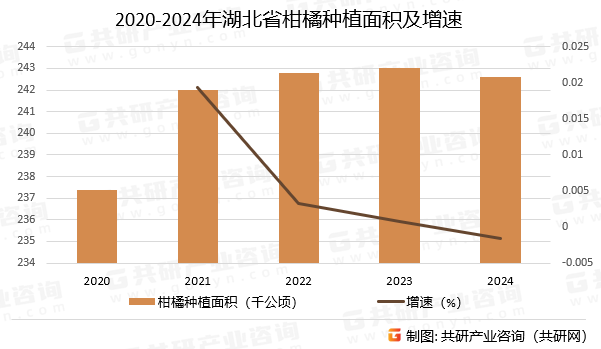 2020-2024年湖北省柑橘种植面积及增速