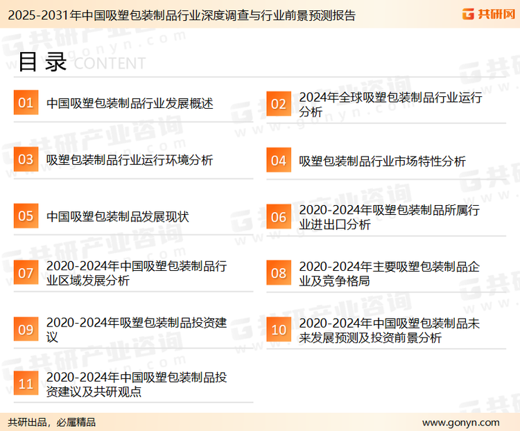 为确保吸塑包装制品行业数据精准性以及内容的可参考价值，共研产业研究院团队通过上市公司年报、厂家调研、经销商座谈、专家验证等多渠道开展数据采集工作，并运用共研自主建立的产业分析模型，结合市场、行业和厂商进行深度剖析，能够反映当前市场现状、热点、动态及未来趋势，使从业者能够从多种维度、多个侧面综合了解当前吸塑包装制品行业的发展态势。