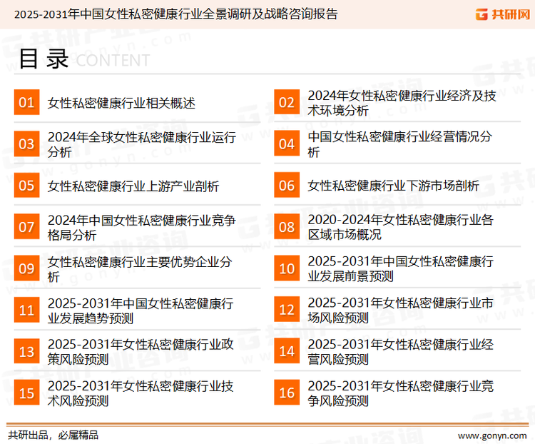 为确保女性私密健康行业数据精准性以及内容的可参考价值，共研产业研究院团队通过上市公司年报、厂家调研、经销商座谈、专家验证等多渠道开展数据采集工作，并运用共研自主建立的产业分析模型，结合市场、行业和厂商进行深度剖析，能够反映当前市场现状、热点、动态及未来趋势，使从业者能够从多种维度、多个侧面综合了解当前女性私密健康行业的发展态势。