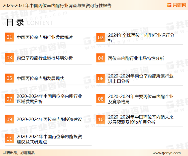 为确保丙位辛内酯行业数据精准性以及内容的可参考价值，共研产业研究院团队通过上市公司年报、厂家调研、经销商座谈、专家验证等多渠道开展数据采集工作，并运用共研自主建立的产业分析模型，结合市场、行业和厂商进行深度剖析，能够反映当前市场现状、热点、动态及未来趋势，使从业者能够从多种维度、多个侧面综合了解当前丙位辛内酯行业的发展态势。