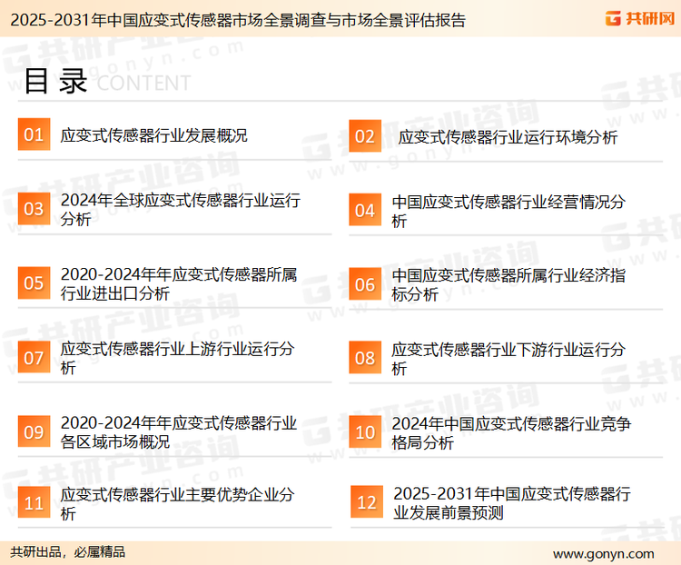 为确保应变式传感器行业数据精准性以及内容的可参考价值，共研产业研究院团队通过上市公司年报、厂家调研、经销商座谈、专家验证等多渠道开展数据采集工作，并运用共研自主建立的产业分析模型，结合市场、行业和厂商进行深度剖析，能够反映当前市场现状、热点、动态及未来趋势，使从业者能够从多种维度、多个侧面综合了解当前应变式传感器行业的发展态势。