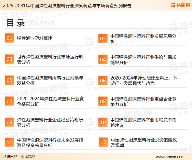 为确保弹性泡沫塑料行业数据精准性以及内容的可参考价值，共研产业研究院团队通过上市公司年报、厂家调研、经销商座谈、专家验证等多渠道开展数据采集工作，并运用共研自主建立的产业分析模型，结合市场、行业和厂商进行深度剖析，能够反映当前市场现状、热点、动态及未来趋势，使从业者能够从多种维度、多个侧面综合了解当前弹性泡沫塑料行业的发展态势。