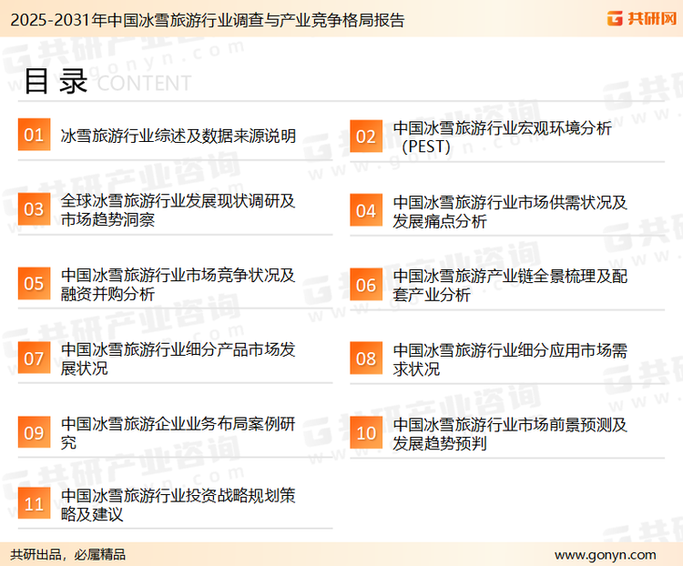 为确保冰雪旅游行业数据精准性以及内容的可参考价值，共研产业研究院团队通过上市公司年报、厂家调研、经销商座谈、专家验证等多渠道开展数据采集工作，并运用共研自主建立的产业分析模型，结合市场、行业和厂商进行深度剖析，能够反映当前市场现状、热点、动态及未来趋势，使从业者能够从多种维度、多个侧面综合了解当前冰雪旅游行业的发展态势。