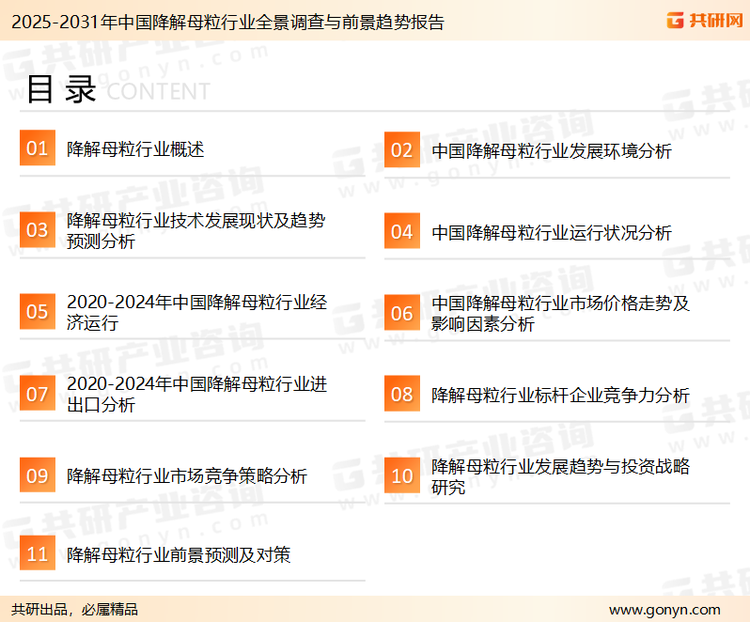 为确保降解母粒行业数据精准性以及内容的可参考价值，共研产业研究院团队通过上市公司年报、厂家调研、经销商座谈、专家验证等多渠道开展数据采集工作，并运用共研自主建立的产业分析模型，结合市场、行业和厂商进行深度剖析，能够反映当前市场现状、热点、动态及未来趋势，使从业者能够从多种维度、多个侧面综合了解当前降解母粒行业的发展态势。