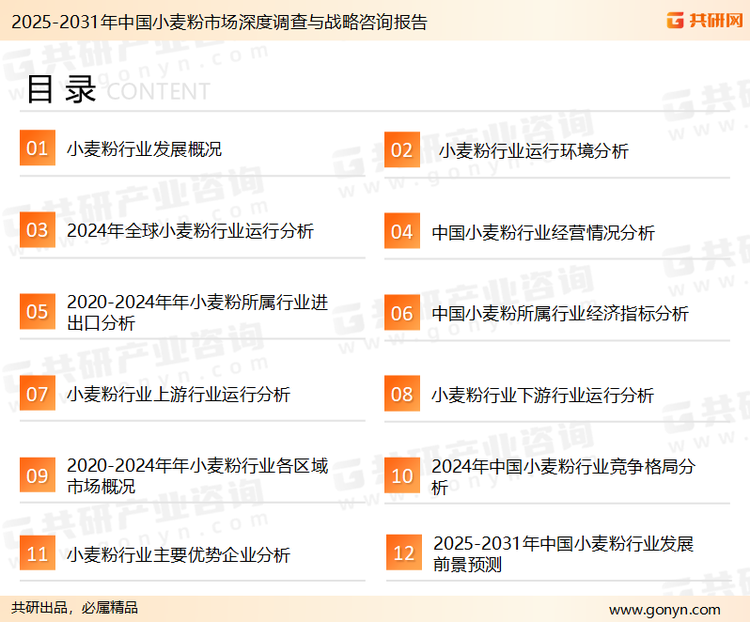 为确保小麦粉行业数据精准性以及内容的可参考价值，共研产业研究院团队通过上市公司年报、厂家调研、经销商座谈、专家验证等多渠道开展数据采集工作，并运用共研自主建立的产业分析模型，结合市场、行业和厂商进行深度剖析，能够反映当前市场现状、热点、动态及未来趋势，使从业者能够从多种维度、多个侧面综合了解当前小麦粉行业的发展态势。