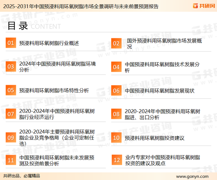 为确保预浸料用环氧树脂行业数据精准性以及内容的可参考价值，共研产业研究院团队通过上市公司年报、厂家调研、经销商座谈、专家验证等多渠道开展数据采集工作，并运用共研自主建立的产业分析模型，结合市场、行业和厂商进行深度剖析，能够反映当前市场现状、热点、动态及未来趋势，使从业者能够从多种维度、多个侧面综合了解当前预浸料用环氧树脂行业的发展态势。