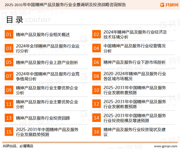 为确保精神产品及服务行业数据精准性以及内容的可参考价值，共研产业研究院团队通过上市公司年报、厂家调研、经销商座谈、专家验证等多渠道开展数据采集工作，并运用共研自主建立的产业分析模型，结合市场、行业和厂商进行深度剖析，能够反映当前市场现状、热点、动态及未来趋势，使从业者能够从多种维度、多个侧面综合了解当前精神产品及服务行业的发展态势。