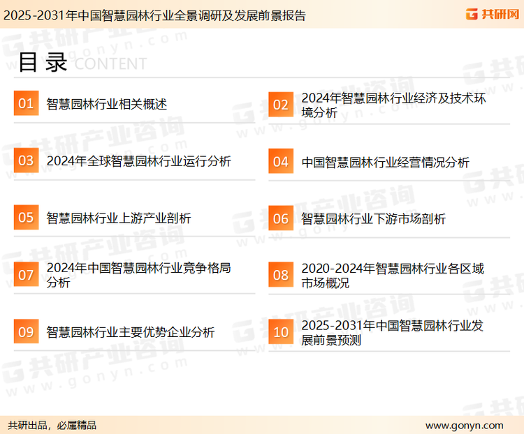 为确保智慧园林行业数据精准性以及内容的可参考价值，共研产业研究院团队通过上市公司年报、厂家调研、经销商座谈、专家验证等多渠道开展数据采集工作，并运用共研自主建立的产业分析模型，结合市场、行业和厂商进行深度剖析，能够反映当前市场现状、热点、动态及未来趋势，使从业者能够从多种维度、多个侧面综合了解当前智慧园林行业的发展态势。
