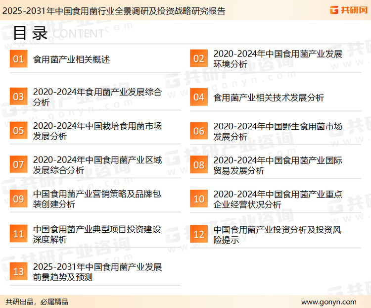 为确保食用菌行业数据精准性以及内容的可参考价值，共研产业研究院团队通过上市公司年报、厂家调研、经销商座谈、专家验证等多渠道开展数据采集工作，并运用共研自主建立的产业分析模型，结合市场、行业和厂商进行深度剖析，能够反映当前市场现状、热点、动态及未来趋势，使从业者能够从多种维度、多个侧面综合了解当前食用菌行业的发展态势。