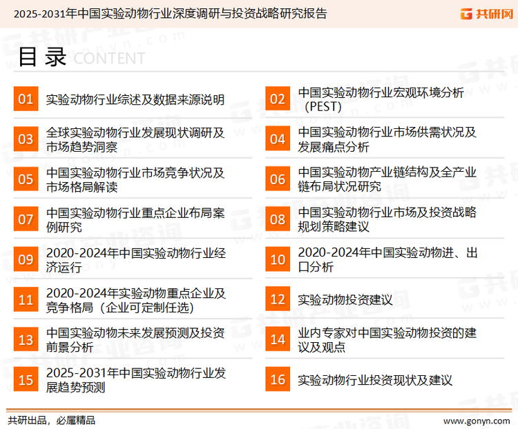 为确保实验动物行业数据精准性以及内容的可参考价值，共研产业研究院团队通过上市公司年报、厂家调研、经销商座谈、专家验证等多渠道开展数据采集工作，并运用共研自主建立的产业分析模型，结合市场、行业和厂商进行深度剖析，能够反映当前市场现状、热点、动态及未来趋势，使从业者能够从多种维度、多个侧面综合了解当前实验动物行业的发展态势。