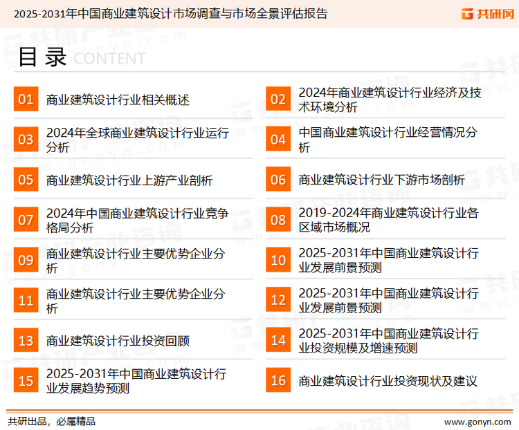 为确保商业建筑设计行业数据精准性以及内容的可参考价值，共研产业研究院团队通过上市公司年报、厂家调研、经销商座谈、专家验证等多渠道开展数据采集工作，并运用共研自主建立的产业分析模型，结合市场、行业和厂商进行深度剖析，能够反映当前市场现状、热点、动态及未来趋势，使从业者能够从多种维度、多个侧面综合了解当前商业建筑设计行业的发展态势。