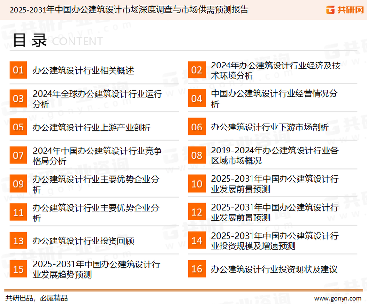 为确保办公建筑设计行业数据精准性以及内容的可参考价值，共研产业研究院团队通过上市公司年报、厂家调研、经销商座谈、专家验证等多渠道开展数据采集工作，并运用共研自主建立的产业分析模型，结合市场、行业和厂商进行深度剖析，能够反映当前市场现状、热点、动态及未来趋势，使从业者能够从多种维度、多个侧面综合了解当前办公建筑设计行业的发展态势。
