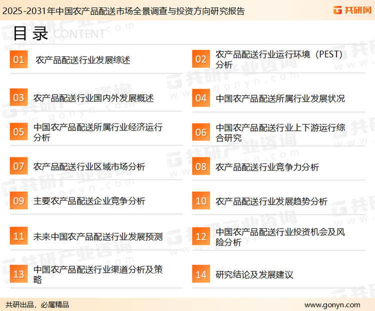 为确保农产品配送行业数据精准性以及内容的可参考价值，共研产业研究院团队通过上市公司年报、厂家调研、经销商座谈、专家验证等多渠道开展数据采集工作，并运用共研自主建立的产业分析模型，结合市场、行业和厂商进行深度剖析，能够反映当前市场现状、热点、动态及未来趋势，使从业者能够从多种维度、多个侧面综合了解当前农产品配送行业的发展态势。