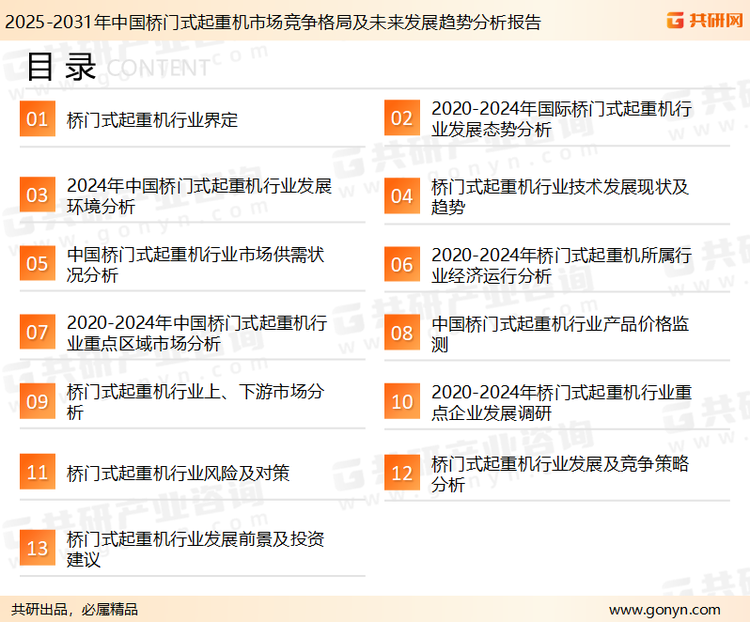 为确保桥门式起重机行业数据精准性以及内容的可参考价值，共研产业研究院团队通过上市公司年报、厂家调研、经销商座谈、专家验证等多渠道开展数据采集工作，并运用共研自主建立的产业分析模型，结合市场、行业和厂商进行深度剖析，能够反映当前市场现状、热点、动态及未来趋势，使从业者能够从多种维度、多个侧面综合了解当前桥门式起重机行业的发展态势。