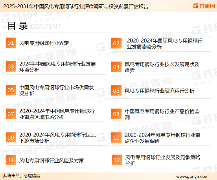 为确保风电专用钢球行业数据精准性以及内容的可参考价值，共研产业研究院团队通过上市公司年报、厂家调研、经销商座谈、专家验证等多渠道开展数据采集工作，并运用共研自主建立的产业分析模型，结合市场、行业和厂商进行深度剖析，能够反映当前市场现状、热点、动态及未来趋势，使从业者能够从多种维度、多个侧面综合了解当前风电专用钢球行业的发展态势。