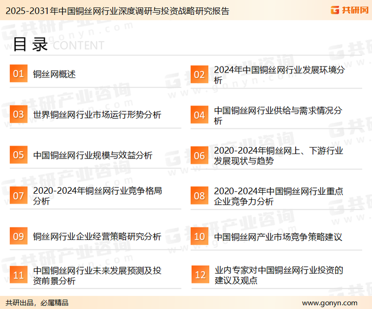 为确保铜丝网行业数据精准性以及内容的可参考价值，共研产业研究院团队通过上市公司年报、厂家调研、经销商座谈、专家验证等多渠道开展数据采集工作，并运用共研自主建立的产业分析模型，结合市场、行业和厂商进行深度剖析，能够反映当前市场现状、热点、动态及未来趋势，使从业者能够从多种维度、多个侧面综合了解当前铜丝网行业的发展态势。