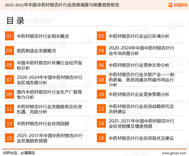 为确保中药材银杏叶行业数据精准性以及内容的可参考价值，共研产业研究院团队通过上市公司年报、厂家调研、经销商座谈、专家验证等多渠道开展数据采集工作，并运用共研自主建立的产业分析模型，结合市场、行业和厂商进行深度剖析，能够反映当前市场现状、热点、动态及未来趋势，使从业者能够从多种维度、多个侧面综合了解当前中药材银杏叶行业的发展态势。