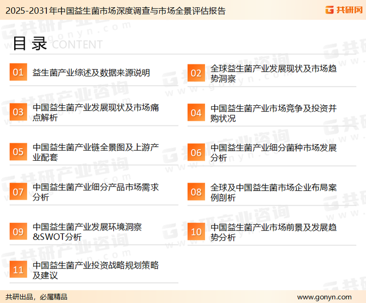 为确保益生菌行业数据精准性以及内容的可参考价值，共研产业研究院团队通过上市公司年报、厂家调研、经销商座谈、专家验证等多渠道开展数据采集工作，并运用共研自主建立的产业分析模型，结合市场、行业和厂商进行深度剖析，能够反映当前市场现状、热点、动态及未来趋势，使从业者能够从多种维度、多个侧面综合了解当前益生菌行业的发展态势。