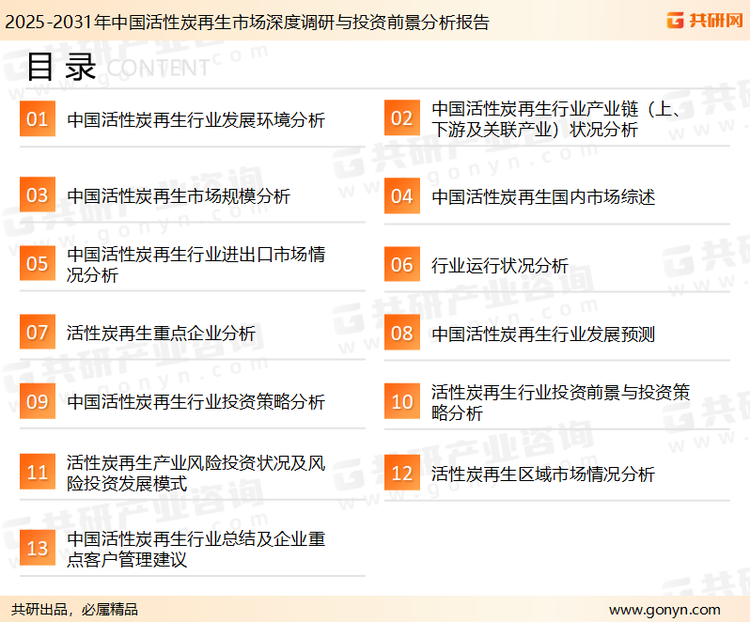 为确保活性炭再生行业数据精准性以及内容的可参考价值，共研产业研究院团队通过上市公司年报、厂家调研、经销商座谈、专家验证等多渠道开展数据采集工作，并运用共研自主建立的产业分析模型，结合市场、行业和厂商进行深度剖析，能够反映当前市场现状、热点、动态及未来趋势，使从业者能够从多种维度、多个侧面综合了解当前活性炭再生行业的发展态势。