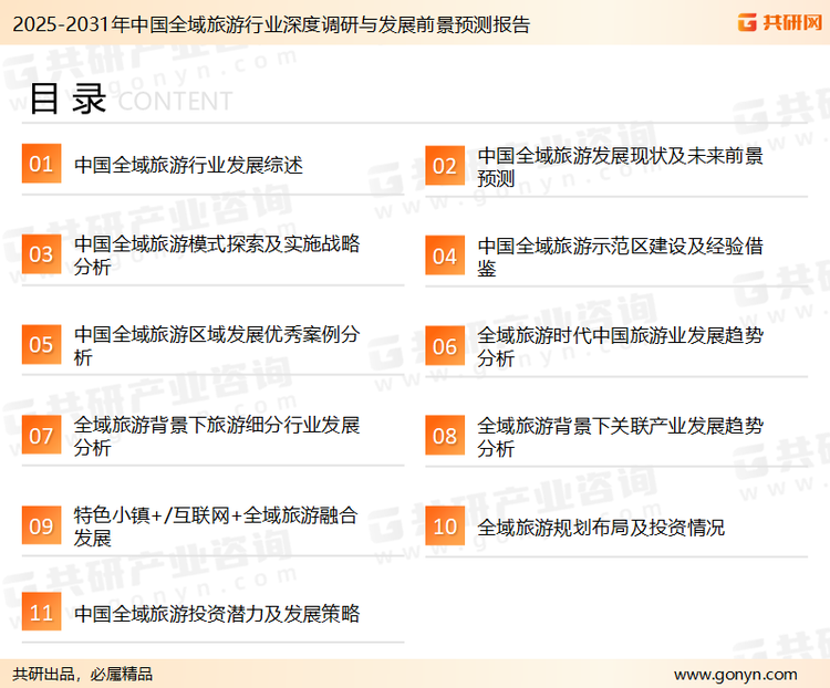 为确保全域旅游行业数据精准性以及内容的可参考价值，共研产业研究院团队通过上市公司年报、厂家调研、经销商座谈、专家验证等多渠道开展数据采集工作，并运用共研自主建立的产业分析模型，结合市场、行业和厂商进行深度剖析，能够反映当前市场现状、热点、动态及未来趋势，使从业者能够从多种维度、多个侧面综合了解当前全域旅游行业的发展态势。