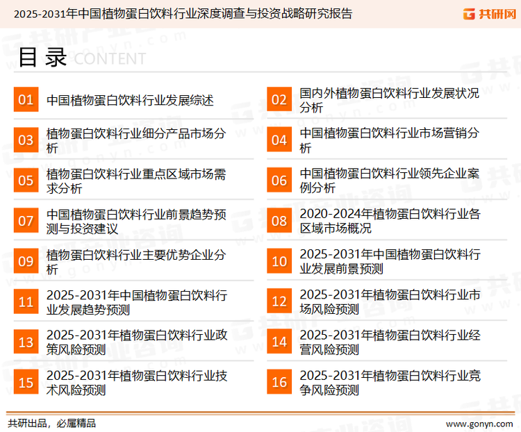 为确保植物蛋白饮料行业数据精准性以及内容的可参考价值，共研产业研究院团队通过上市公司年报、厂家调研、经销商座谈、专家验证等多渠道开展数据采集工作，并运用共研自主建立的产业分析模型，结合市场、行业和厂商进行深度剖析，能够反映当前市场现状、热点、动态及未来趋势，使从业者能够从多种维度、多个侧面综合了解当前植物蛋白饮料行业的发展态势。