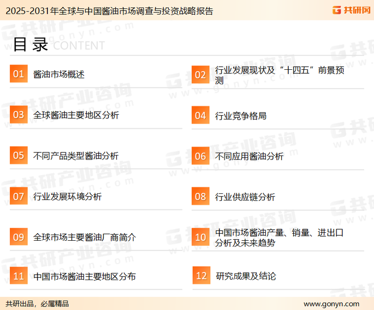 为确保酱油行业数据精准性以及内容的可参考价值，共研产业研究院团队通过上市公司年报、厂家调研、经销商座谈、专家验证等多渠道开展数据采集工作，并运用共研自主建立的产业分析模型，结合市场、行业和厂商进行深度剖析，能够反映当前市场现状、热点、动态及未来趋势，使从业者能够从多种维度、多个侧面综合了解当前酱油行业的发展态势。