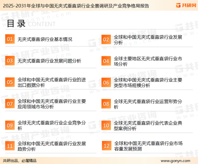 为确保无夹式垂直袋行业数据精准性以及内容的可参考价值，共研产业研究院团队通过上市公司年报、厂家调研、经销商座谈、专家验证等多渠道开展数据采集工作，并运用共研自主建立的产业分析模型，结合市场、行业和厂商进行深度剖析，能够反映当前市场现状、热点、动态及未来趋势，使从业者能够从多种维度、多个侧面综合了解当前无夹式垂直袋行业的发展态势。