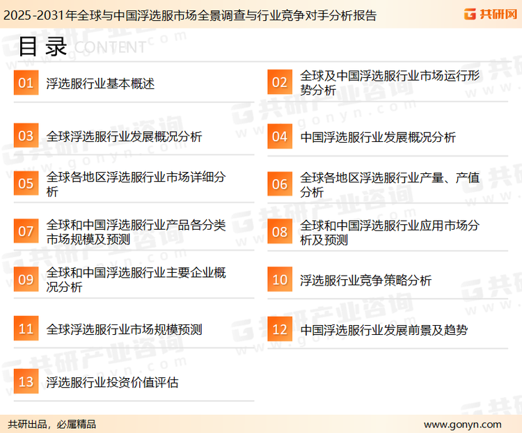 为确保浮选服行业数据精准性以及内容的可参考价值，共研产业研究院团队通过上市公司年报、厂家调研、经销商座谈、专家验证等多渠道开展数据采集工作，并运用共研自主建立的产业分析模型，结合市场、行业和厂商进行深度剖析，能够反映当前市场现状、热点、动态及未来趋势，使从业者能够从多种维度、多个侧面综合了解当前浮选服行业的发展态势。