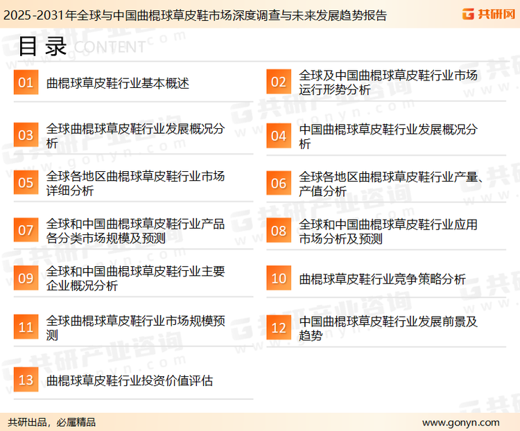 为确保曲棍球草皮鞋行业数据精准性以及内容的可参考价值，共研产业研究院团队通过上市公司年报、厂家调研、经销商座谈、专家验证等多渠道开展数据采集工作，并运用共研自主建立的产业分析模型，结合市场、行业和厂商进行深度剖析，能够反映当前市场现状、热点、动态及未来趋势，使从业者能够从多种维度、多个侧面综合了解当前曲棍球草皮鞋行业的发展态势。