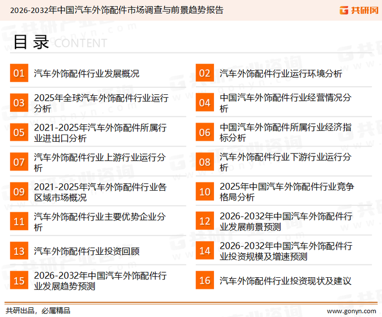 为确保汽车外饰配件行业数据精准性以及内容的可参考价值，共研产业研究院团队通过上市公司年报、厂家调研、经销商座谈、专家验证等多渠道开展数据采集工作，并运用共研自主建立的产业分析模型，结合市场、行业和厂商进行深度剖析，能够反映当前市场现状、热点、动态及未来趋势，使从业者能够从多种维度、多个侧面综合了解当前汽车外饰配件行业的发展态势。